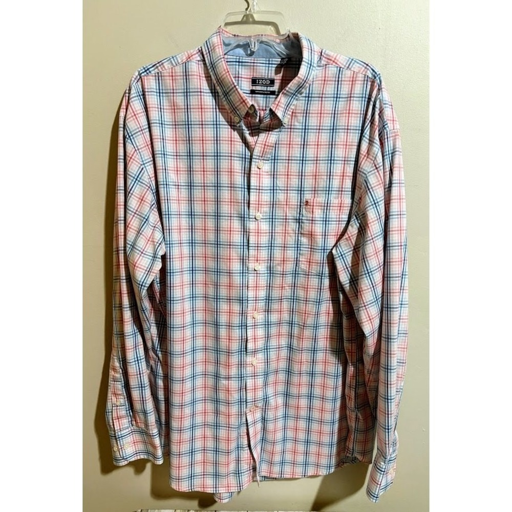 IZOD Button Down Shirt XXL Blue Red Plaid Excellent Non-Iron Stretch‎ Long Slv